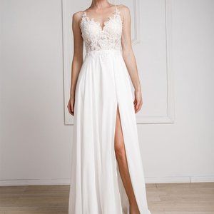 NEW WHITE BRIDAL WEDDING Illusion Neck Leg Slit A-Line Evening Dress AC375